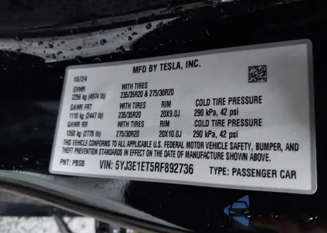 2024 Tesla Model 3 Performance All-Wheel Drive z USA, uszkodzony, nr VIN 5YJ3E1ET5RF892736